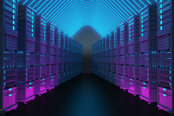 two row of dark servers in neon lighting stock photo