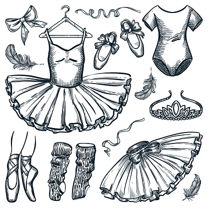 Ballet dance design elements isolated on white background. Vector hand drawn sketch illustration of ballerina dress, pointe shoes, bodysuit and tiara headband