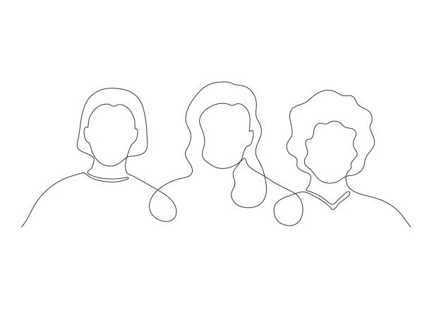 ilustraciones, imágenes clip art, dibujos animados e iconos de stock de comunidad de amigas abrazan y apoyan juntas, dibujo continuo de una línea de arte. hermandad, amigos, unión de feministas, solidaridad. tres cabezas humanas, equipo de chicas. esquema vectorial - número de personas