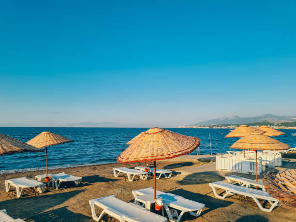 istock Bamboo beach umbrella on blue sky background 1412534258