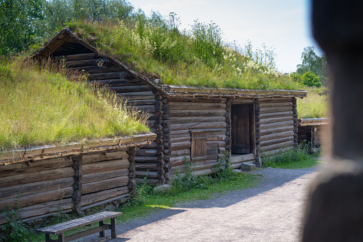 Oslo, Norway - 25 June 2022: The Norwegian Museum of Cultural History. Historic wooden Norwegian houses in open air museum