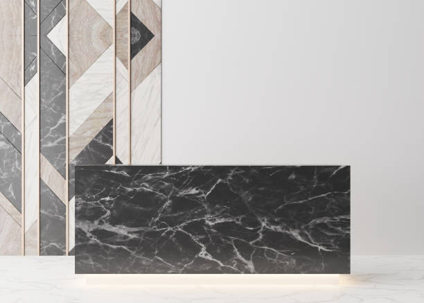 istock Black marble reception counter in modern room. Registration desk in hotel, spa or office. Reception mock up with copy space for branding, logo. Contemporary style. 3D rendering. 1412537814