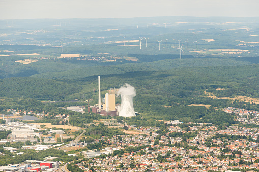 Bexbach, Germany, July 10, 2022 Hard coal power plant in the area of Homburg seen from a small plane