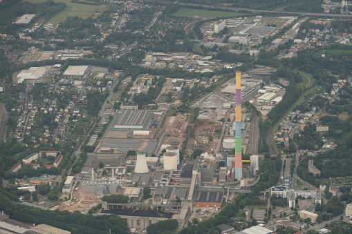 Chemnitz, Saxony, Germany July 10, 2022 Power plant seen from above during a flight
