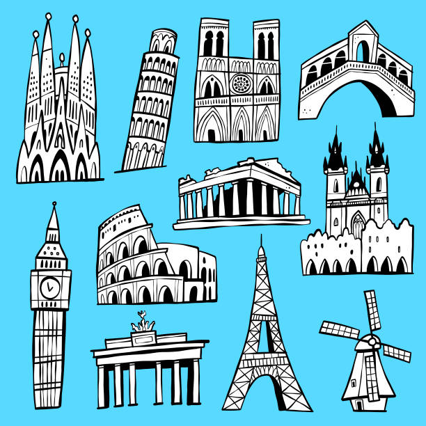 ilustrações de stock, clip art, desenhos animados e ícones de europe landmarks doodles - paris square architecture travel destinations urban scene