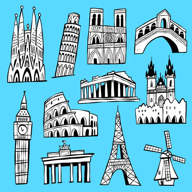 Vector illustration of Europe Landmarks Doodles