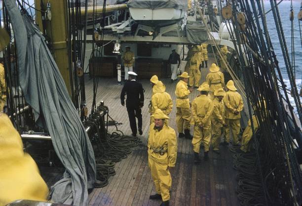 North Sea, Germany, 1969. On the deck of the sailing training ship Gorch Fock. Also: officers and crew.