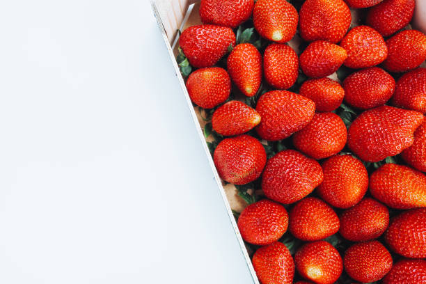 istock Fresh ripe harvested strawberries in box, closeup, copy space, white background 1412540335