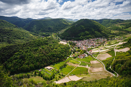 French idyllic scenery of the Ain valley with the wine village of Cerdon in Bugey Alps mountains