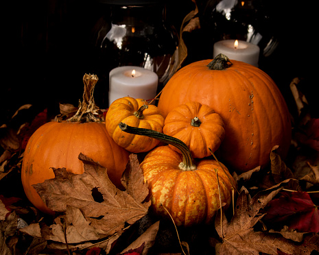 Dark autumn scene with various size pumpkins, candle lite lanterns and oversized leaves. Room for copy space.