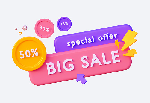 Special offer with discounts of 50, 30 and 15 percent. ±Bright colorful 3D design. For different events. 3D rendering