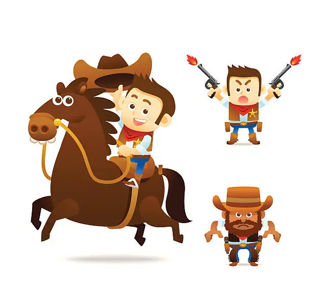 Vector illustration of Set of cartoon cowboy characters over a white background