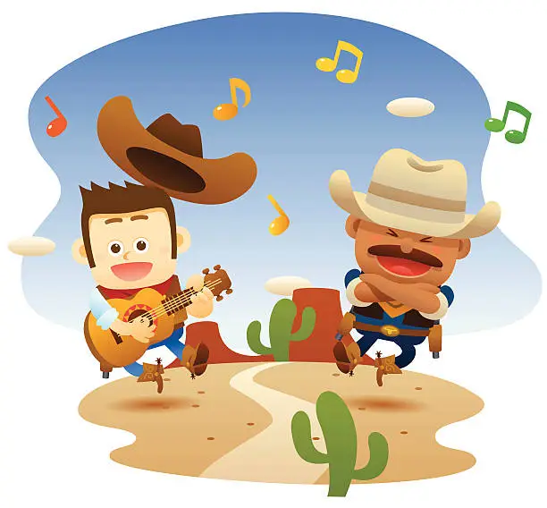 Vector illustration of cowboys are singing and dancing