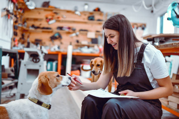 istock Smiling Female Petting Dogs While Making Plans In Wood Workshop 1412547595