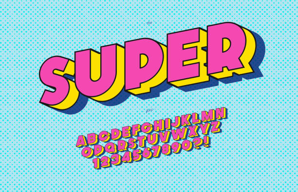 Vector super font 3d bold pop art style Vector super font 3d bold pop art style modern typography sans serif style for book, promotion, poster, decoration, t shirt, banner, printing on fabric. Cool 3d bold typeface. Trendy alphabet. 10 eps cartoon fonts stock illustrations