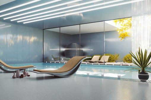Luxurious indoor swimming pool at home. This is 3D generated image.