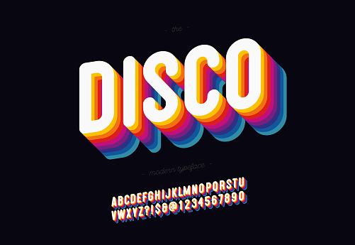 Vector 3d disco font bold style modern typography. Cool vintage typeface for decoration, logotype, poster, t shirt, book, card, sale banner, printing on fabric, industrial. Trendy alphabet. 10 eps