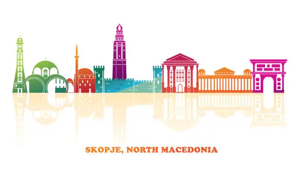 Vector illustration of Colourfull  Skyline panorama of city of Skopje, North Macedonia