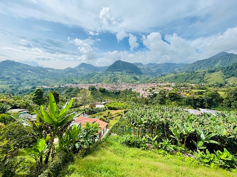 Panoramic view to mountains moody sky in Jardin town, Colombia