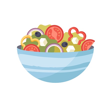 Healthy food concept. Bowl or plate with fresh vegetable Greek salad. Delicious snack or lunch with vitamins and minerals. Healthy diet. Cartoon flat vector illustration isolated on white background
