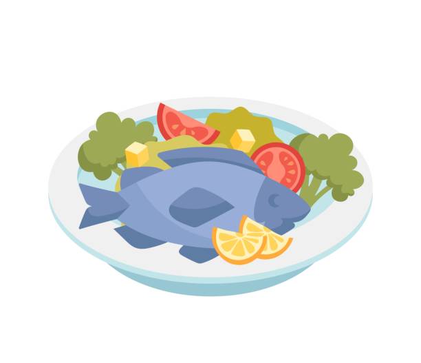 bildbanksillustrationer, clip art samt tecknat material och ikoner med healthy food concept - tallrik med fisk