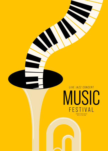 ilustraciones, imágenes clip art, dibujos animados e iconos de stock de fondo de plantilla de diseño de cartel de festival de música con trompeta y piano - brass instrument jazz brass trumpet