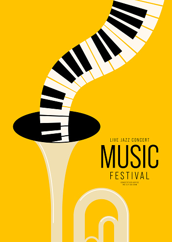 Music festival poster design template background with trumpet and piano. Design element template for backdrop, banner, brochure, leaflet, print, publication, vector illustration