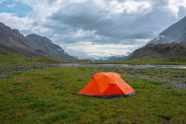 istock Scenic mountain landscape with tent in rain drops in sunlight under cloudy sky. Dramatic alpine scenery with vivid orange tent on grass among purple flowers in green mountain valley in rainy weather. 1412561915