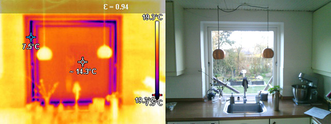 Authentic image of room in a family house shot/photographed with infrared thermal camera. Double image with original without the thermal effect and the side of the thermal image.