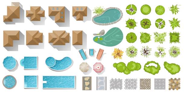 Set Architectural and Landscape elements top viewfor city map. Collection of houses, garden plants, trees, ponds, outdoor furniture, footpath tile, bushes for landscape design. Vector. View above Set Architectural and Landscape elements top viewfor city map. Collection of houses, garden plants, trees, ponds, outdoor furniture, footpath tile, bushes for landscape design. Vector. View above building feature stock illustrations
