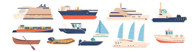 Vector illustration of Set of Ships and Boats Isolated on White Background. Marine Vessels of Differemt Types for Cargo and Travel