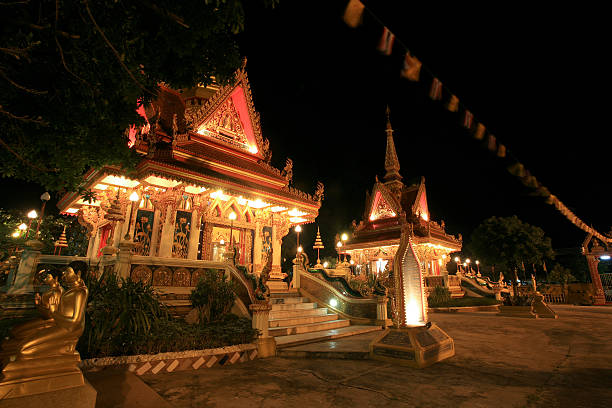 istock Ornament: night landscape of Buddhist shrine architecture at wat Liab 141256419