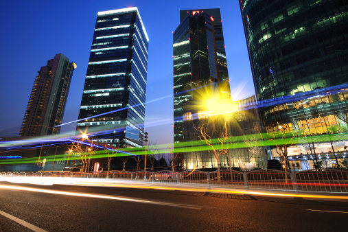 Urban night traffics view in dusk of Focus on the shanghai highway