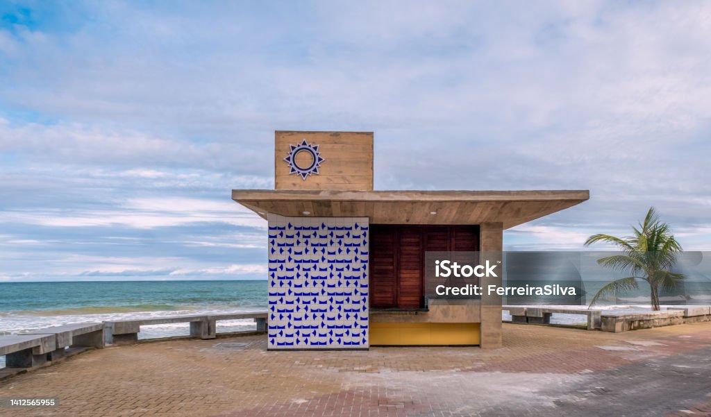 Boa Viagem beach and sidewalk Recife, Pernambuco, Brazil:New Boa Viagem beach kiosks built by the city administration. Brazil Stock Photo