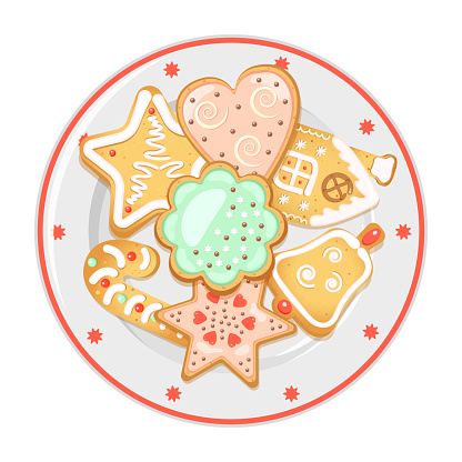 Gingerbread on porcelain dish with red border. Christmas treats. View from above. Vector illustration of New Year's table setting.