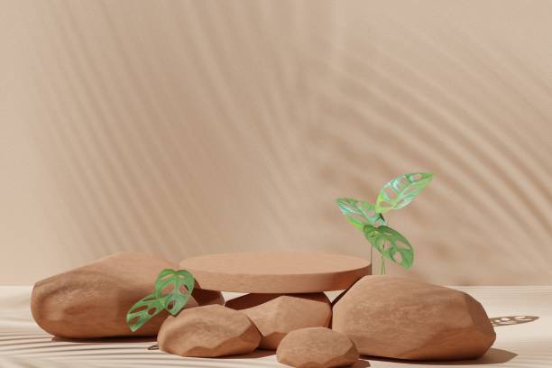istock Empty 3D display product beige minimal scene with geometric podium platform.Cosmetics or beauty product promotion mockup. 3D render illustration. 1412566334