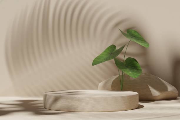 istock Empty 3D display product beige minimal scene with geometric podium platform.Cosmetics or beauty product promotion mockup. 3D render illustration. 1412566350