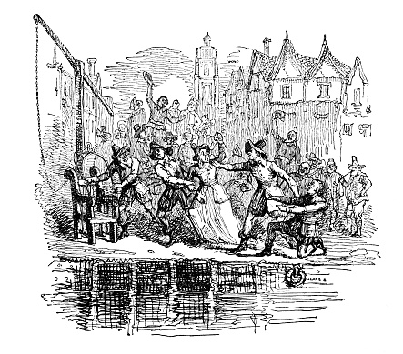 A cucking, or ducking, stool or chair was used to punish and shame women considered nags or complainers. The women were strapped into the chair (stool) and repeatedly dunked into water. This practice occurred from the 17th Century until early 19th Century in Britain and Colonial America. Illustration published 1863. Source: Original edition is from my own archives. Copyright has expired and is in Public Domain.