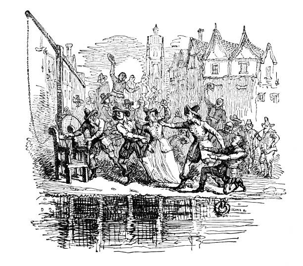 Ducking Chair Punishes Senior Woman, 17th-19th Century British History A cucking, or ducking, stool or chair was used to punish and shame women considered nags or complainers. The women were strapped into the chair (stool) and repeatedly dunked into water. This practice occurred from the 17th Century until early 19th Century in Britain and Colonial America. Illustration published 1863. Source: Original edition is from my own archives. Copyright has expired and is in Public Domain. angry crowd stock illustrations