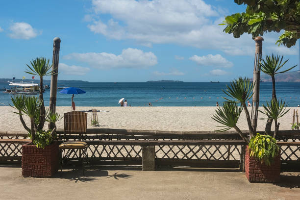 una bellissima scena di spiaggia fiancheggiata da piante di dracaena. in un resort a barretto beach, una popolare località turistica vicino a subic a olongapo, zambales. - subic foto e immagini stock