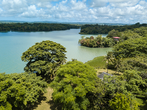 Aerial of Lake Caliraya, a man-made lake at the border of Lumban and Cavinti in the province of Laguna, Philippines.