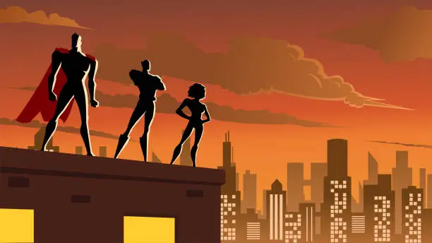 Vector illustration of Vector Superhero Trio Silhouette in a City Stock Illustration