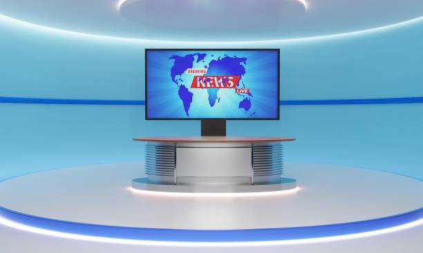 istock wooden table on stand with led screen background in a news studio room.3d rendering. 1412576511
