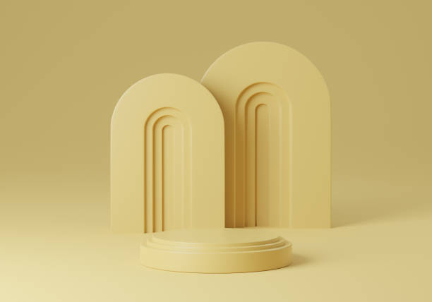 istock Abstract white round corner pedestal podium with yellow background, 3d rendering studio with geometric shapes, Cosmetic product minimal scene with platform, Stand to show products background 1412577629