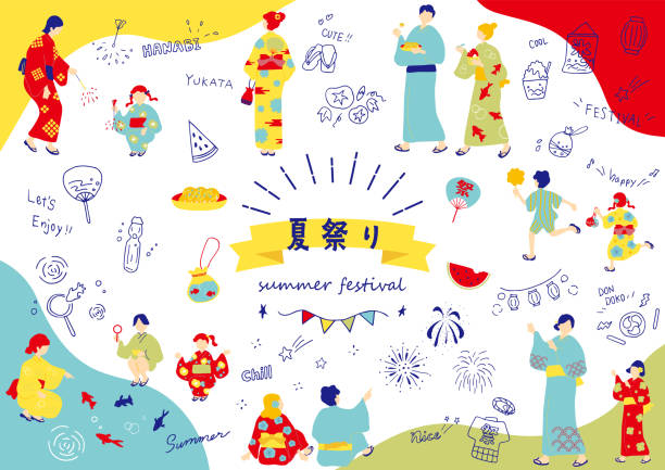 illustrations, cliparts, dessins animés et icônes de les icônes du festival d’été et les yukata - obon