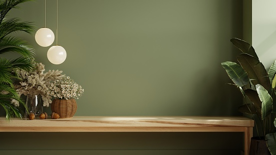 Revestimientos de pared verde con estante de madera en la sala de cocina. photo