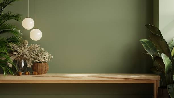 pannelli a parete verde con mensola in legno nella cucina. - showcase interior inside of domestic room indoors foto e immagini stock