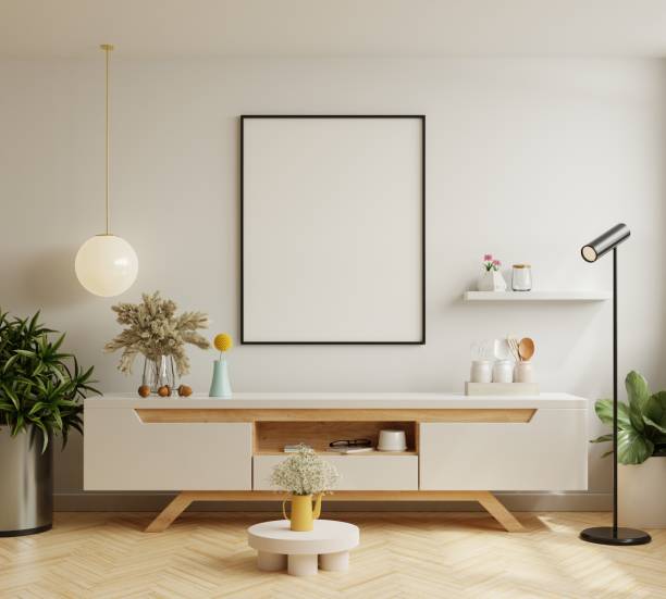 istock Mock up poster frame on cabinet in modern interior background. 1412577920