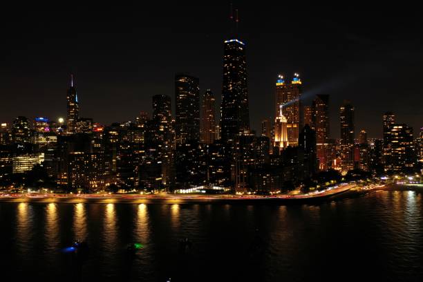 istock Chicago Downtown Skyline-Drone View from lake Michigan 1412580589