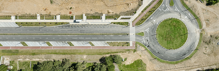 traffic roundabout under construction. aerial panoramic view.